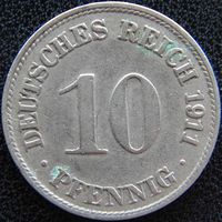 YS: Германия, Рейх, 10 пфеннигов 1911D, KM# 12 (1)