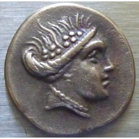 Греция Гистиайя в Эвбее 3-2 века.Тетробол Голова Гистиая в венке-Нимфа, сидящая прямо на корме камбуза