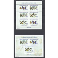 Фауна. Бабочки. Конго. 2003. 2 малых листа. Michel N 1761-1763 (55,0 е).