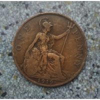 1 пенни 1919 года Великобритания. Король Георг 5. Красивая монета!